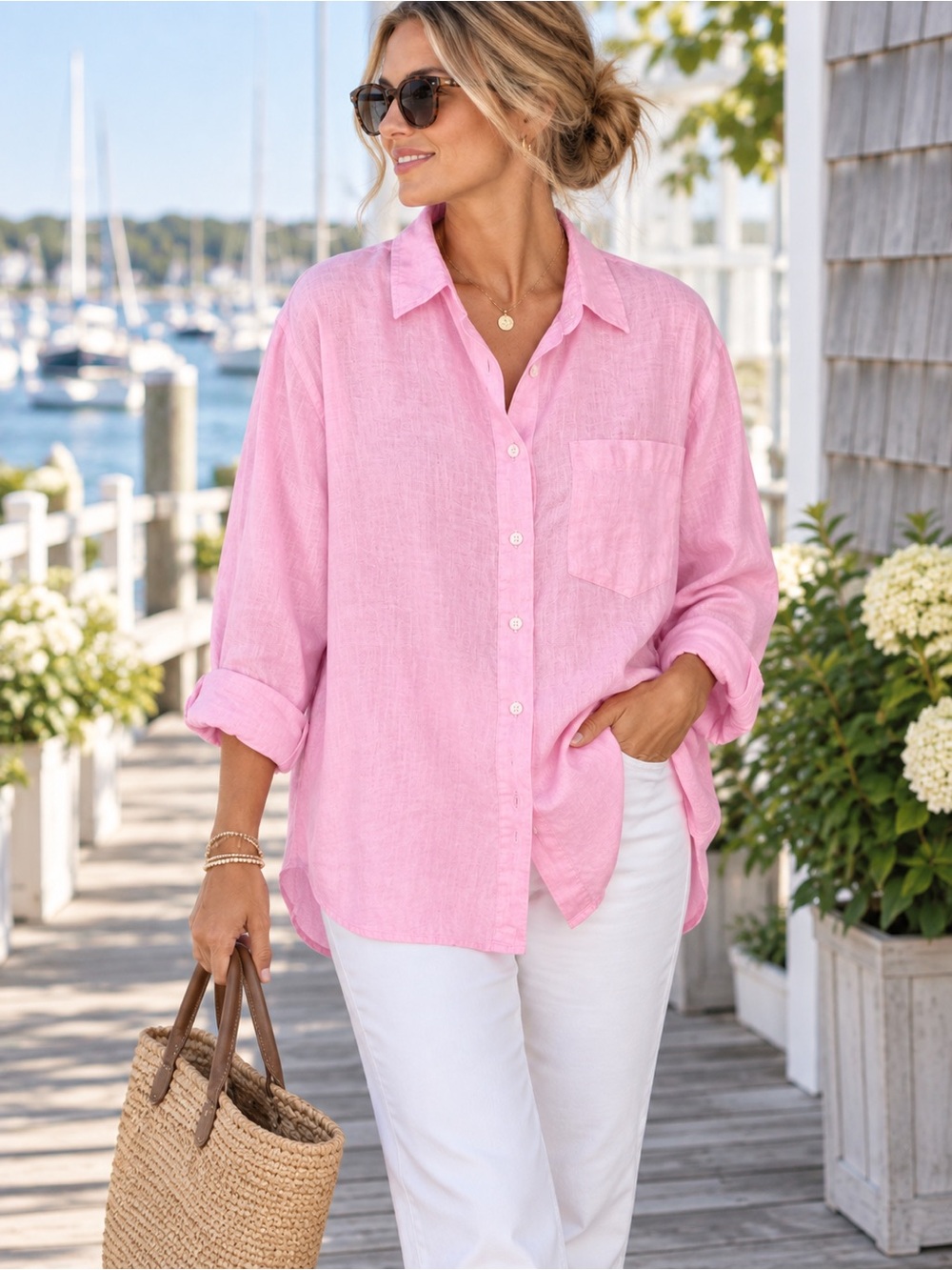 GAP Pink 100% Linen Boyfriend Shirt Size L Oversized Coastal Preppy